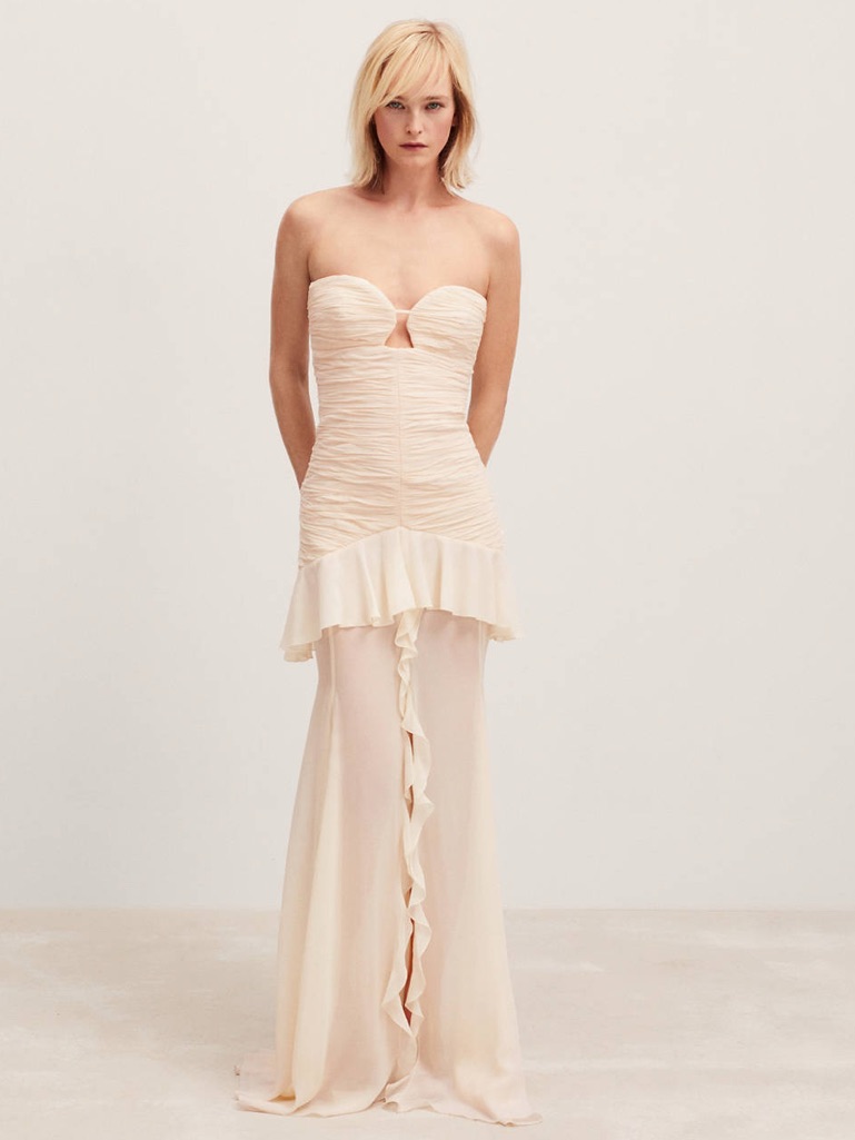 Mango Capsule Strapless Ruffled Ruched Gown With Sweetheart In Cream Size 2 / Xs